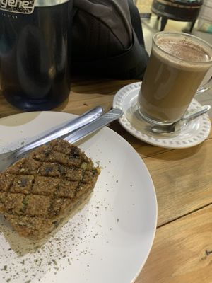 Eggplant kibe and a chai with peanut milk at Pop Art Cafe in Foz Do Iguacu