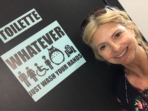 Anyone can use the toilet here :-) at Pop Art Cafe in Foz Do Iguacu