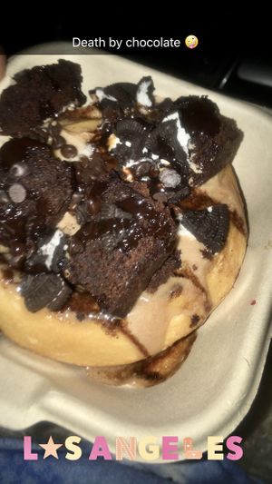 Chocolate frosting, brownie, oreos, chocolate chips, chocolate sauce  at Cinnaholic in Los Angeles
