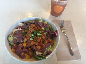 The Med bowl with ginger hibiscus kombucha   at Kokomo in Vancouver