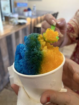 Blue raspberry and passion fruit  at Surfing Monkey Shave Ice in Kihei