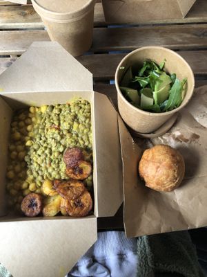 Chickpea curry, lentil stew, plantains, avocado and olive salad and a dumpling 💜 SO delicious  at Eat of Eden in South West London