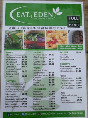 Menu at Eat of Eden in South West London