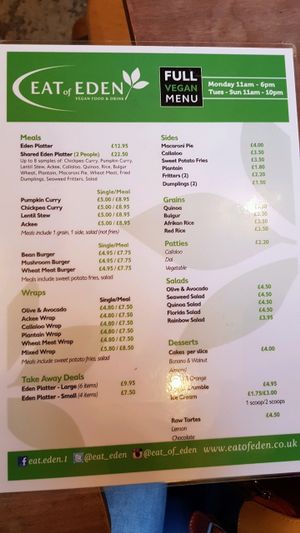 Food menu at Eat of Eden in South West London