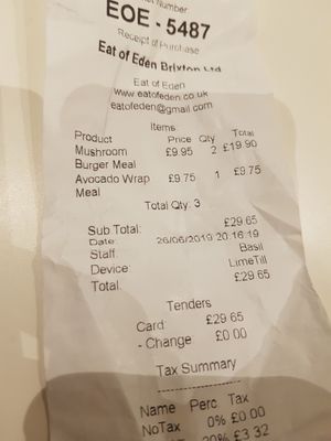 Our meal at Eat of Eden in South West London
