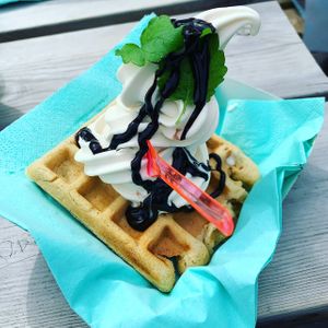 Waffle with soft ice cream, sooo good 💚  at Palma Kiosk & Kaffebar in Sarpsborg