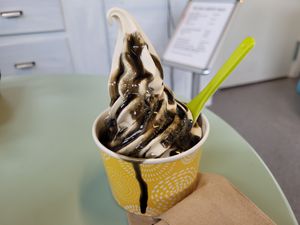 Soft serve ice-cream with liquorice sauce at Palma Kiosk & Kaffebar in Sarpsborg