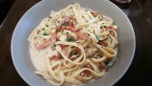 Vegan fettuccini carbonara. So creamy and delicious! at Great Nature in Adelaide