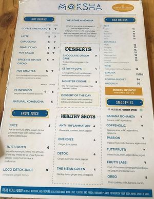 Parte delantera de la carta at Moksha Yoga and Surf Hostel in Huanchaco