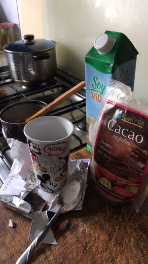 Soy hot chocolate vegan ingredients at Moksha Yoga and Surf Hostel in Huanchaco