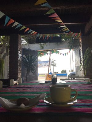 Espresso and monster cookie (vegan) at Moksha Yoga and Surf Hostel in Huanchaco