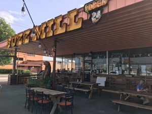 Front outdoor seating at The Buzz Mill in San Marcos