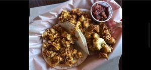 Breakfast Taco Duo. Just Egg, Soy Chorizo and Potatoes   at The Buzz Mill in San Marcos
