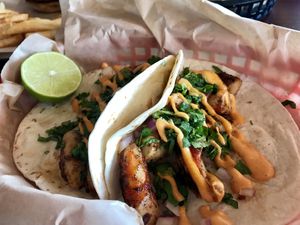 Shrimp tacos at The Buzz Mill in San Marcos