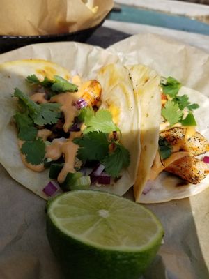 Shrimp tacos. Add the jalapenos, it's the best. at The Buzz Mill in San Marcos