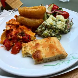 Onion rings, pasta, salad *2 and a lovely bread at Tibits in South East London