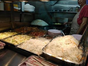 economic bee hoon and vegetables. 
photo credits to Cai Xueli at Meow Xiang Vegetarian  妙香斋素食 - Bedok in East Singapore