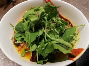 Vegan vege soba with a lot of baby leaves at Soranoiro in Tokyo