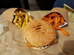burger with fries on the side, Vburger at Vburger Camden in North West London