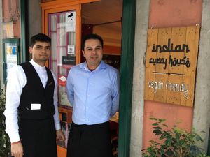 Owner and vegan friendly sign ! at Sanskar Nepal in Lisbon