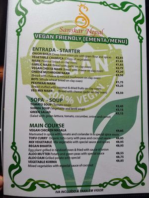 Menu at Sanskar Nepal in Lisbon