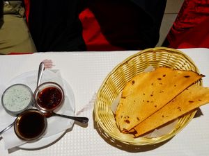 Complementary appetizer (white sauce not vegan) at Sanskar Nepal in Lisbon