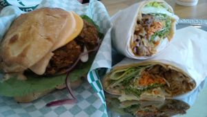 Crispy duck wrap and black bean burger.  at enVegan in Morrow
