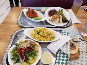 Mac&cheez, salad, biscuit. Buffalo wings, chickn with mashed potatoes  and  asparagus. at enVegan in Morrow