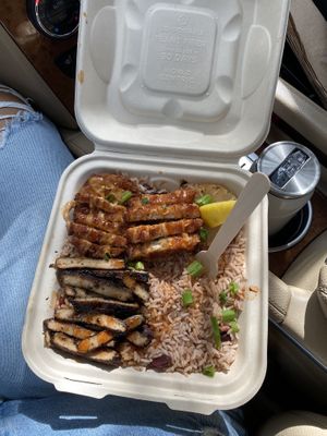 Build a bowl - rice & peas, jerk chicken, crispy chicken at Dajen Eats in Eatonville
