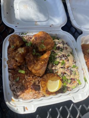 beans and rice, buffalo cauliflower, coleslaw   at Dajen Eats in Eatonville