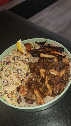 Rice bowl with Hoax and jerk chick'n at Dajen Eats in Eatonville