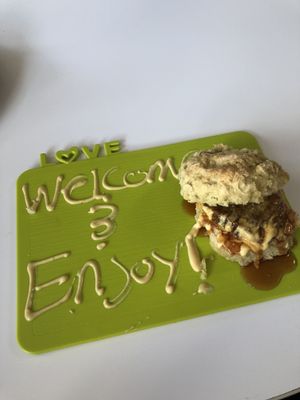 “Chicken” biscuit with pepper jelly, yummm! at Dajen Eats in Eatonville