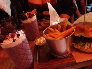 Burger, fries and Oreo/berry milkshake! at Göteburgare Vegan in Gothenburg
