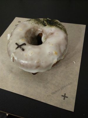 vegan yuzu and matcha donut  at Crosstown Doughnuts - Shoreditch in East London