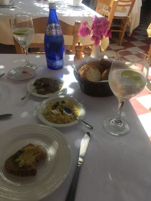 fava bean and eggplant dips. at Candouni in Santorini