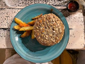 The vegan Burger was amazing! at Simbiosis in Ibiza