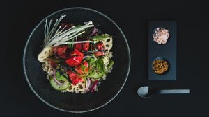 Watermelon Poke with Sweet Tamari, Mint & Lotus Root at GLAM Vegan in Miami