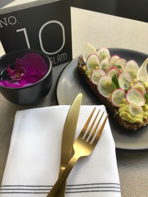 Fava Bean Toast w Radish & Mint at GLAM Vegan in Miami