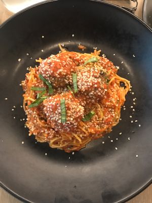 Spaghetti and Bean Balls.   at GLAM Vegan in Miami