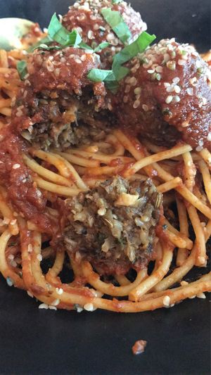 meatless meatballs and spaghetti  at GLAM Vegan in Miami