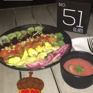 kale bowl and gazpacho soup at GLAM Vegan in Miami