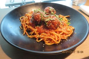 spaghetti with meatballs at GLAM Vegan in Miami