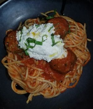 Spaghetti meatballs at GLAM Vegan in Miami
