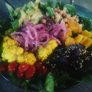 Baby kale Cobb salad with avo, tomatoes, pickled beets, curry cauliflower, chickpeas , pickled red onions, flax seeds and sumac vinaigrette  at GLAM Vegan in Miami