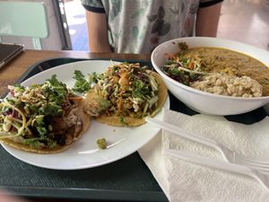 Veggie taco, suya taco, pumpkin seed stew  at Veg on the Edge in Santa Cruz