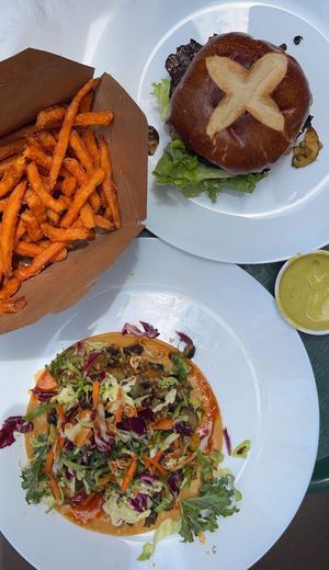 Sweet potato fries, black bean burger and veggie taco   at Veg on the Edge in Santa Cruz