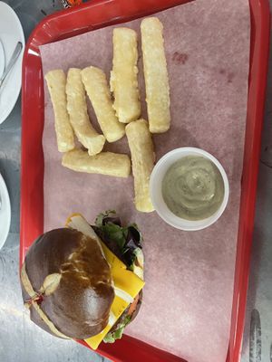 Beyond burger with some strange side that was supposed to be fries  at Veg on the Edge in Santa Cruz