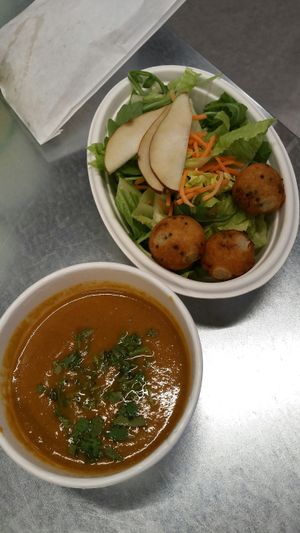 Sweet potato and ginger soup with salad!   at Veg on the Edge in Santa Cruz