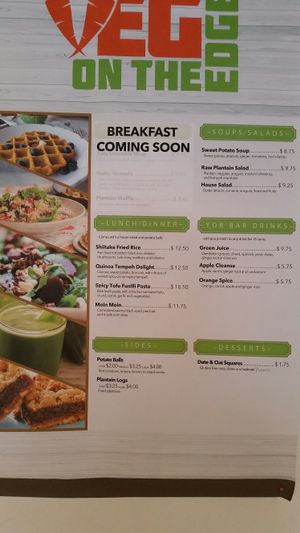 Menu at Veg on the Edge in Santa Cruz