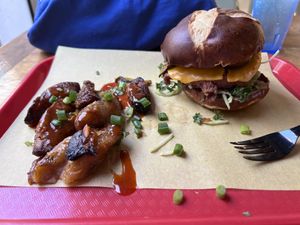 Plantains and Súyà Burger  at Veg on the Edge in Santa Cruz